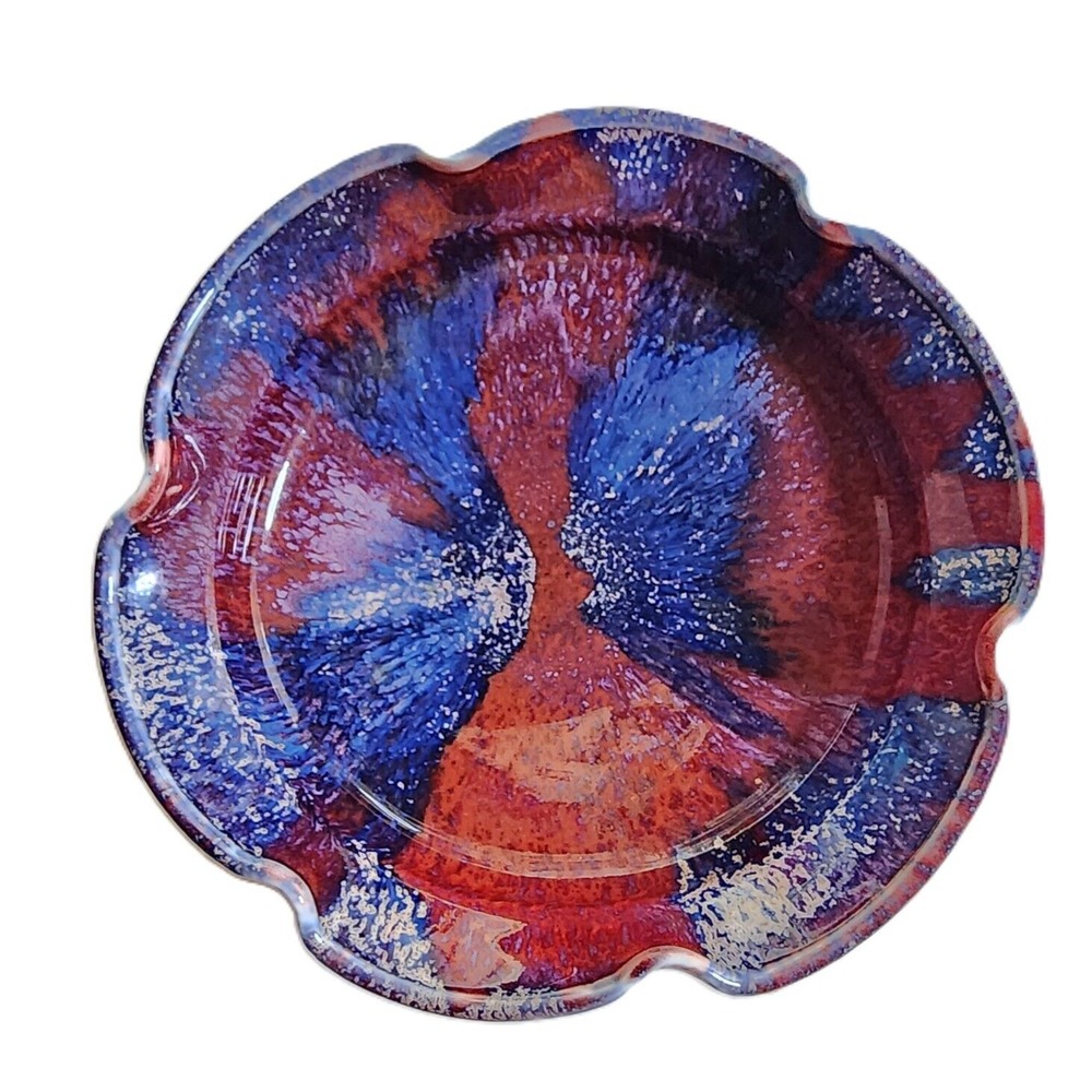 Studio Pottery Bowl  Red Blue Glaze Ruffled Edge  Artisan Trinket Dish 6.75"